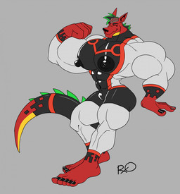 abs anthro barefoot big_nipples black_nipples clothing colored_nails colored_toenails exposed_brain feet machine male muscular muscular_anthro muscular_male nails navel nipples non-mammal_nipples pecs plantigrade red_body red_skin skinsuit solo tail tight_clothing toenails toes vein rxq american_dragon:_jake_long disney european_mythology mythology jake_long android dragon mythological_creature mythological_scalie robot scalie western_dragon 2023 hi_res signature
