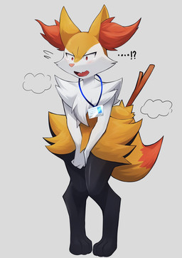 after_transformation ambiguous_gender black_body black_fur blush covering covering_crotch covering_self embarrassed fur id_card inner_ear_fluff lanyard name_badge nude open_mouth orange_body orange_fur poof poof_transformation simple_background solo tuft white_body white_fur yellow_body yellow_fur red_rokomoko nintendo pokemon braixen canid canine fox generation_6_pokemon mammal pokemon_(species) hi_res