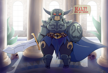 armor belt big_breasts bone breasts cape clothing dialogue female inside looking_at_viewer melee_weapon open_mouth red_eyes shield skull solo sword text thick_thighs weapon wide_hips iguanasarecool nintendo the_legend_of_zelda wind_waker canid canine canis darknut dobermann domestic_dog mammal pinscher english_text hi_res