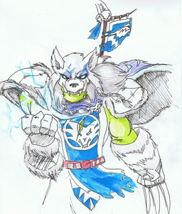 cloak clothing electricity flag fur lightning looking_at_viewer magic_user male shaman simple_background solo tribal_spellcaster white_background white_body white_fur oldmangunda oldmangunda_(artist) blizzard_entertainment warcraft khandhar_(wilderhoof) humanoid orc marker_(artwork) pen_(artwork) traditional_media_(artwork)