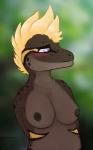 anthro biped blonde_hair blurred_background blush breasts brown_body brown_scales female hair looking_away markings nipples non-mammal_breasts non-mammal_nipples nude pale_blue_eye scales simple_background solo spots standing frostedmilkshake furrycandyshop sahara_(furrycandyshop) gecko lizard reptile scalie hi_res