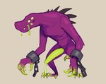 anthro biped bodily_fluids claws cuff_(restraint) cum erection finger_claws genital_fluids genitals green_body green_eyes green_penis hollow_eyes male mouth_closed multicolored_body penis purple_body restraints shackles simple_background solo spikes spikes_(anatomy) teeth toe_claws daftpatriot risk_of_rain acrid alien scalie hi_res