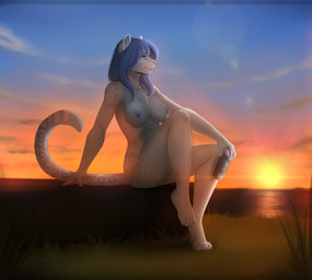 4_toes anthro biped blue_body blue_fur blue_hair breasts chest_tuft cleavage clothed clothing detailed_background feet female fur hair nipples outside pink_nose sitting smile solo sunset tail toes tuft white_body white_fur dafka angelica_(ashkelling) felid mammal pantherine 2017 hi_res