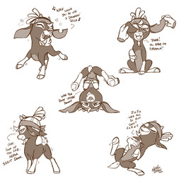 butt clothing cloven_hooves dialogue drunk facial_hair female feral goatee hair headgear headkerchief headwear hooves humanoid_hands kerchief lying notched_ear on_back open_mouth quadruped simple_background singing solo substance_intoxication tail text upside_down white_background nekostar them's_fightin'_herds shanty_(tfh) bovid caprine goat mammal 1:1 2023 digital_drawing_(artwork) digital_media_(artwork) english_text hi_res monochrome multiple_images signature