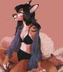 anthro black_hair black_nose bra breasts cleavage clothed clothing female fur hair jewelry long_hair necklace simple_background solo underwear captyns canid mammal absurd_res hi_res