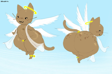 accessory anklet anthro areola balls bell_anklet big_butt black_eyes brown_body brown_ears brown_fur brown_nipples brown_tail butt chastity_cage chastity_device clothing day feathered_wings feathers flying freckled_butt freckled_face freckled_hips freckles fur furgonomics genitals gold_(metal) gold_anklet gold_jewelry gold_tailband halo jewelry looking_at_viewer looking_back male multicolored_body multicolored_fur nipples penis rear_view sky small_balls small_penis smile solo tail tail_accessory tailband text thick_thighs three-quarter_view translucent translucent_clothing two_tone_body two_tone_fur whiskers white_clothing white_wings wings axoarts angel domestic_cat felid feline felis mammal 2026 artist_name digital_media_(artwork) hi_res