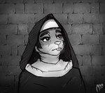 anthro brick_wall buckteeth clothed clothing female fully_clothed nun nun_outfit solo teeth wall_(structure) oneflymagpie ophelia_(oneflymagpie) ophelia_orzhechy mammal mouse murid murine rodent black_and_white greyscale hi_res monochrome portrait