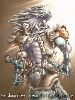 4_fingers abs anthro armor army biped bottomwear claws clothed clothing dog_tags fingerless_gloves fingers fist fur future gloves grey_body grey_fur grey_hair hair handwear jewelry looking_aside male melee_weapon mercenary military necklace open_clothing open_shirt open_topwear pants sheathed_weapon shirt solo standing sword text topwear unconvincing_armor weapon yellow_eyes karabiner canid canine canis mammal wolf 1997 3:4 english_text