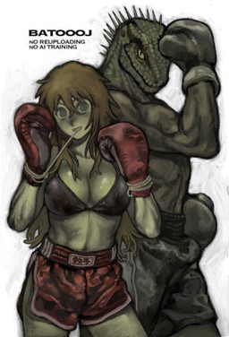 big_breasts boxing_gloves breasts cleavage clothed clothing duo female for_a_head handwear male muscular muscular_male batooo_j dorohedoro kaiman_(dorohedoro) nikaido_(dorohedoro) animal_head animal_humanoid human humanoid iguana iguanid lizard mammal reptile scalie