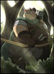 anthro arrow_(weapon) belly big_belly bow_(weapon) clothed clothing detailed_background kemono male outside overweight overweight_male plant ranged_weapon solo tree weapon kusosensei inigo_(kusosensei) bear mammal 2023 hi_res