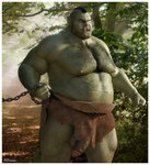 balls body_hair chain chest_hair clothed clothing detailed_background flaccid genitals green_body green_skin holding_chain male mohawk moobs nature nipples not_furry outside overweight overweight_male partially_clothed penis plant scar solo standing tree ad-games humanoid orc 3d_(artwork) digital_media_(artwork) hi_res