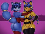 anthro areola big_breasts blue_areola blue_body blue_nipples bottomless breasts butt clothed clothing duo female female/female gloves handwear legwear nipple_chain nipple_piercing nipples piercing stockings yellow_body shadowboxer animal_crossing nintendo star_fox ankha_(animal_crossing) krystal_(star_fox) canid canine domestic_cat felid feline felis fox mammal 4:3 absurd_res crossover hi_res