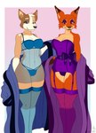 anthro bathrobe blue_clothing blue_panties blue_underwear clothed clothing corset duo female fur legwear lingerie looking_at_viewer panties purple_clothing purple_panties purple_underwear robe simple_background skimpy smile stockings topwear underwear jorge-the-wolfdog bluey_(series) disney zootopia chilli_heeler mrs._wilde australian_cattle_dog canid canine canis cattledog domestic_dog fox herding_dog mammal pastoral_dog red_fox true_fox hi_res