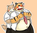 anthro belly big_belly blush bottomwear brown_body clothing duo humanoid_hands kemono male male/male navel necktie orange_body overweight overweight_male pants pink_nose shirt simple_background topwear bake_gosut canid canine canis domestic_dog felid mammal pantherine tiger 2013