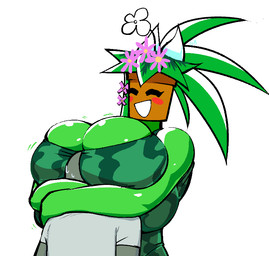 accessory big_breasts blush blush_stickers bodily_fluids breast_jiggle breast_smother breast_squish breasts cleavage clothed clothing duo face_in_breasts female floral flower flower_(anatomy) flower_accessory flower_hair_accessory for_a_head green_body green_skin hair_accessory head_between_breasts head_flower hug huge_breasts jiggling leaf leaf_hair male not_furry plant plant_hair pseudo_hair shirt simple_background smile smothering squish sweat sweatdrop topwear white_background gerard_burn blaster_master anon kanna_(blaster_master) elemental_creature elemental_humanoid flora_fauna human humanoid mammal object_head plant_humanoid 2020
