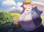 anthro blush breasts clothing detailed_background eyes_closed female hair hat headgear headwear humanoid_hands kemono nipples outside overweight overweight_anthro overweight_female pink_hair shirt solo topwear sv_grart canid canine canis domestic_dog mammal 2019