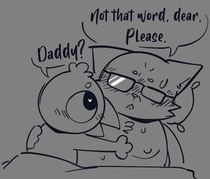 age_difference anthro arm_around_back blush cuddling daddy_kink duo eyewear flustered fur fur_tuft glasses glint heart_eyes heart_symbol male male/male moobs older_male overweight overweight_male pet_name pillow teasing text tuft under_covers younger_male salamikii night_in_the_woods germ_warfare_(nitw) stan_borowski avian bird domestic_cat felid feline felis mammal english_text greyscale monochrome