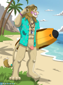 anthro balls beach bottomless bottomless_male circumcised clothed clothing collared_shirt eyewear flaccid genitals glans humanoid_genitalia humanoid_penis male muscular muscular_male penis polo_shirt sand sea shirt smile solo sunglasses surfboard tail topwear water epic_games fortnite kingston_(fortnite) felid feline lion mammal pantherine absurd_res hi_res