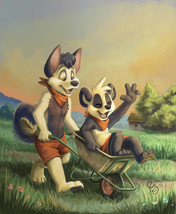 anthro black_body black_fur black_hair black_nose bottomwear clothing duo eyes_closed fur glistening glistening_eyes grass hair happy kerchief logo male neckerchief neckwear open_mouth open_smile plant red_bottomwear red_clothing red_kerchief red_neckerchief red_shorts short_hair shorts sitting smile walking white_body white_fur young young_anthro young_male pandapaco parinton bear canid canine giant_panda mammal artist_logo signature