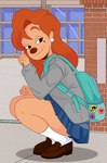 anthro backpack bottomwear clothing crouching ear_piercing ear_ring female lidded_eyes looking_back piercing plantigrade ring_piercing school_uniform skirt smile solo uniform sonson-sensei disney goof_troop roxanne_rover canid canine canis domestic_dog mammal 2022 absurd_res hi_res