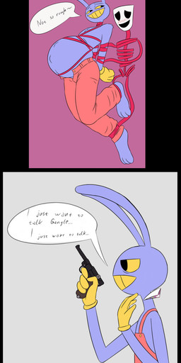 anthro bdsm belly big_belly blush blush_lines bondage bottomwear bound clothing dialogue duo fur gloves gun handwear holding_gun holding_object holding_ranged_weapon holding_weapon male pants pregnant pregnant_anthro pregnant_male ranged_weapon ribbon_bondage ribbons speech_bubble suspenders text weapon yellow_clothing yellow_gloves yellow_handwear yellow_sclera 8aerondight8 glitch_productions the_amazing_digital_circus gangle_(tadc) jax_(tadc) lagomorph leporid mammal rabbit 2026 absurd_res comic english_text hi_res
