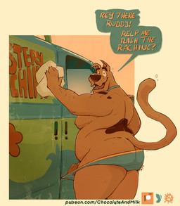 anthro belly big_belly black_spots brown_body brown_fur butt claws clothing collar dialogue erection erection_under_clothing fangs fur genitals humanoid_genitalia humanoid_penis looking_at_viewer love_handles male markings moobs mystery_machine overweight overweight_male penis smile solo speech_bubble speech_impediment spots spotted_body spotted_fur tail teeth text towel underwear vein veiny_penis washing_car whisker_spots chocolateandmilk bluesky_(social_media) furaffinity hanna-barbera patreon scooby-doo_(series) scooby-doo canid canine canis domestic_dog great_dane mammal mastiff molosser 2026 english_text hi_res signature url