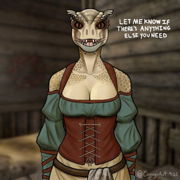 anthro apron big_breasts blurred_background breasts clothed clothing female green_clothing horn horn_jewelry jewelry looking_at_viewer non-mammal_breasts open_mouth red_eyes scales sharp_teeth solo tan_body tan_scales teeth text tongue cayugo bethesda_game_studios microsoft skyrim the_elder_scrolls keerava argonian scalie 1:1 2025 hi_res portrait shaded signature