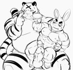 anthro balls bodily_fluids clothing duo erection genitals kemono male male/male muscular muscular_male nipples one_eye_closed overweight overweight_male penis sweat wink hupi1008 felid lagomorph leporid mammal pantherine rabbit tiger 2023 hi_res monochrome