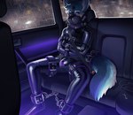 ankle_cuffs anthro bdsm belt blue_body blue_fur blush bodysuit bondage bound car chain chained clothing collar crossed_arms cuff_(restraint) fluffy fluffy_tail fur inside_car inside_vehicle latex latex_clothing latex_skinsuit leash leather lock lock_symbol male muzzle_(object) null_bulge padlock padlocked_collar purple_eyes raining restraints seatbelt shock_collar sitting skinsuit solo straitjacket submissive submissive_anthro submissive_male tail tail_cuff thigh_cuffs tight_clothing vehicle 100racs zee_(zfursee) canid canine fennec_fox fox mammal true_fox absurd_res hi_res