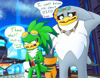 annoyed anthro beak blue_eyes clothing cracked_glass dialogue duo eyewear feathers gloves goggles green_body green_feathers grey_body grey_feathers handwear jewelry male metal_city_(sonic_riders) necklace scratches text white_body white_feathers worried yellow_beak cookie-pone sega sonic_riders sonic_the_hedgehog_(series) jet_the_hawk storm_the_albatross accipitrid accipitriform albatross avian bird procellariiform english_text hi_res
