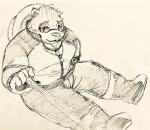 anthro biped clothed clothing eyewear glasses gloves handwear hat headgear headwear male overweight overweight_anthro overweight_male sitting solo straw_hat kogiinu lifewonders tokyo_afterschool_summoners volos_(tas) bear mammal 2017 full-length_portrait hi_res line_art pen_(artwork) portrait traditional_media_(artwork)