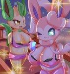 absurd_res anthro big_breasts blue_eyes breasts cleavage clothed clothing duo eeveelution female generation_4_pokemon generation_6_pokemon hi_res leafeon looking_at_viewer mokotomuku77 nintendo one_eye_closed pokemon pokemon_(species) pokemorph smile sylveon thick_thighs yellow_body