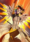 anthro black_hair breasts clothed clothing female hair multicolored_hair orange_eyes rainbow_hair solo wings kammi-lu blizzard_entertainment overwatch deadgirl_neon_rosado mercy_(overwatch) canid canine mammal 2022 digital_media_(artwork) portrait three-quarter_portrait