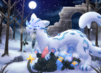 69_position animal_genitalia animal_penis balls black_body black_fur blue_eyes blue_penis bodily_fluids cum cum_from_penis cum_in_mouth cum_inside duo erection feline_genitalia feline_penis fellatio feral fur genital_fluids genitals heart_eyes heart_symbol looking_at_another male male/male markings moon night oral pawpads paws penile penile_spines penis plant quadruped ruins sex sheath snow snowfall sword_fangs tongue tree white_body andyocelot nintendo pokemon levin_(levinluxio) chien-pao generation_4_pokemon generation_9_pokemon legendary_pokemon luxio pokemon_(species) 2024 hi_res