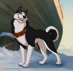 black_nose blurred_background collar digitigrade fangs feral fur looking_at_viewer male multicolored_body multicolored_fur naughty_face patreon_logo quadruped smile smug solo tail teeth text two_tone_body two_tone_fur caraluca balto_(series) patreon universal_studios steele_(balto) alaskan_malamute canid canine canis domestic_dog mammal nordic_sled_dog spitz english_text hi_res url