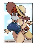 anthro bag beach big_breasts biped breast_squish breasts brown_eyes clothing female floppy_ears fur hair handbag hat headgear headwear huge_breasts looking_at_viewer one-piece_swimsuit orange_hair seaside simple_background solo squish swimwear tan_body tan_fur tote_bag skinnbox sega sonic_the_hedgehog_(series) vanilla_the_rabbit lagomorph leporid mammal rabbit hi_res