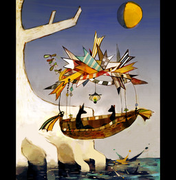aircraft airship ambiguous_gender anthro flying group lamp lantern moon night outside plant sky tree vehicle water wood hakugin canid canine fox mammal digital_media_(artwork) digital_painting_(artwork) painting_(artwork)