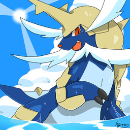 ambiguous_gender blue_body blush claws cloud feral horn nude open_mouth sky smile solo summer sun water wet gearfactory nintendo pokemon generation_5_pokemon mammal pokemon_(species) samurott 1:1