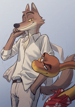 anthro bottomwear brown_body brown_fur clothed clothing duo feral fur half-closed_eyes holding_clothing holding_object looking_at_another male narrowed_eyes nipples pants shirt simple_background smile standing topwear nyeong dreamworks the_bad_guys mr._snake_(the_bad_guys) mr._wolf_(the_bad_guys) canid canine canis mammal reptile scalie snake wolf digital_media_(artwork) hi_res