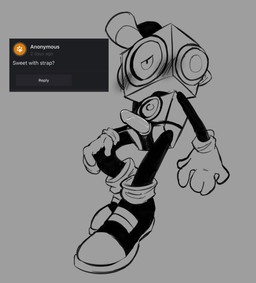1_eye baseball_cap blush clothing dildo footwear gloves grey_background half-closed_eyes handwear hat headgear headwear machine male male_wearing_strapon metallic_body narrowed_eyes not_furry null sex_toy shoes simple_background solo strapon squiffedpunk deltarune undertale_(series) sweet_(deltarune) darkner humanoid robot robot_humanoid 2021 archived_source hi_res