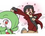 blush brown_hair clothing collar duo female green_hair hair hat headgear headwear heart_eyes heart_symbol hoodie male not_furry open_mouth red_eyes smile tongue tongue_out topwear rakkuguy nintendo pokemon airalin gardevoir generation_3_pokemon human mammal pokemon_(species)