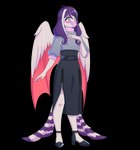 5_fingers anthro big_wings blaze_(marking) bottomwear clothed clothing facial_markings feathers female fingers footwear grey_eyes hair hand_on_chest head_markings high_heels long_hair markings membrane_(anatomy) membranous_wings pink_wings plantigrade purple_body purple_feathers purple_hair purple_scales scales shirt shoes simple_background skirt snout solo tail tail_feathers topwear transparent_background white_hair wings aria_of_mercy cavemanon_studios snoot_game azura_(snoot_game) fan_character dinosaur prehistoric_species reptile scalie scansoriopterygid theropod yi_qi alpha_channel hi_res spanish_description