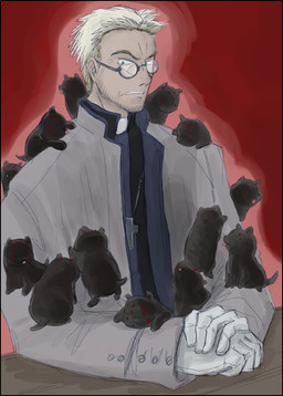 blep carrying_another clothing eyewear feral glasses group lying male multi_eye on_front on_shoulder sitting smile tail tongue tongue_out young dynamo hellsing alexander_anderson_(hellsing) baskerville_(hellsing) human mammal 2009