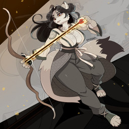 anthro arrow_(weapon) big_breasts black_hair bow_(weapon) breasts cleavage clothed clothing digitigrade dipstick_ears dipstick_tail ear_markings eyebrows eyelashes feet female fur grey_body grey_fur hair inner_ear_fluff markings multicolored_ears neck_tuft ranged_weapon solo tail tail_markings thick_thighs tuft weapon drawligator canid canine fox mammal 1:1 2026 absurd_res hi_res
