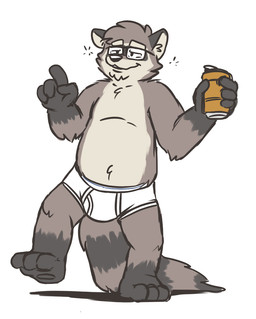 anthro barefoot beverage_can biped briefs bulge clothed clothing drunk eyewear feet front_view glasses male on_one_leg simple_background slightly_chubby solo standing substance_intoxication tighty_whities topless underwear white_background white_briefs white_clothing white_underwear heyitscousindave andy_(heyitscousindave) mammal procyonid raccoon flat_colors