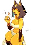 animal_crossing ankha_(animal_crossing) anthro armwear bangs big_breasts black_hair blunt_bangs blush blush_lines bracelet breasts choker cleavage clothed clothing domestic_cat felid feline felis female fur gesture gold_(metal) gold_bracelet gold_jewelry gold_necklace hair hand_gesture hi_res huge_thighs jewelry legwear mammal markings midriff navel necklace nintendo ok_sign open_mouth pawpads ring simple_background solo sparkles striped_markings striped_tail stripes tail tail_markings thick_thighs thigh_highs tongue tongue_out topwear tube_top uraeus usa37107692 white_background wide_hips yellow_body yellow_fur