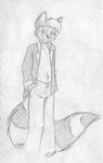 anthro bottomwear clothing half-closed_eyes hand_in_pocket male narrowed_eyes pants pockets simple_background smile solo white_background cirruskitfox kendall_(sirkain) bassariscus mammal procyonid ring-tailed_cat 2001 absurd_res hi_res monochrome