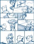 2019 anthro blue_and_white blush breasts canid canine canis clothed clothing comic conditional_dnp duo felid female flora_(twokinds) fur hair human keidran male mammal maren_taverndatter monochrome pantherine simple_background sketch smile striped_body striped_fur stripes sythe_(twokinds) tiger tom_fischbach trace_legacy twokinds wolf