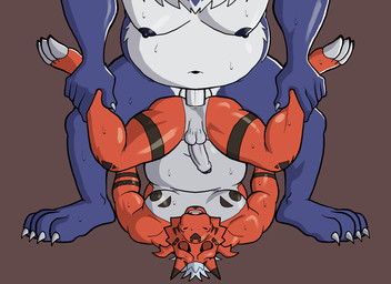 anal anthro balls belly blue_body blue_fur bodily_fluids duo erection fur genitals horn male male/male male_penetrated male_penetrating male_penetrating_male moobs navel nipples nude penetration penis piledriver_position red_body rough_sex sex sweat hunter-husky bandai_namco digimon digimon_(species) grizzlymon growlmon scalie animated hi_res