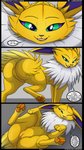 2020 absurd_res anus butt comic dialogue duo eeveelution english_text fangs female feral generation_1_pokemon genitals green_eyes half-closed_eyes hi_res jolteon kuroodod licking licking_lips looking_at_viewer nala_(simalst) narrowed_eyes nintendo one_eye_closed open_mouth pawpads pokemon pokemon_(species) pussy speech_bubble talking_to_viewer teeth text tongue tongue_out